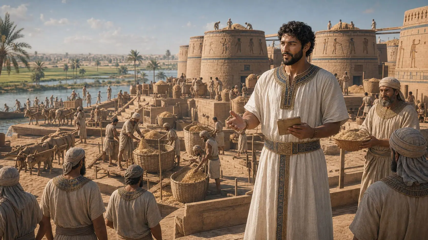 Joseph oversees workers filling Egyptian granaries during the seven years of abundant harvests