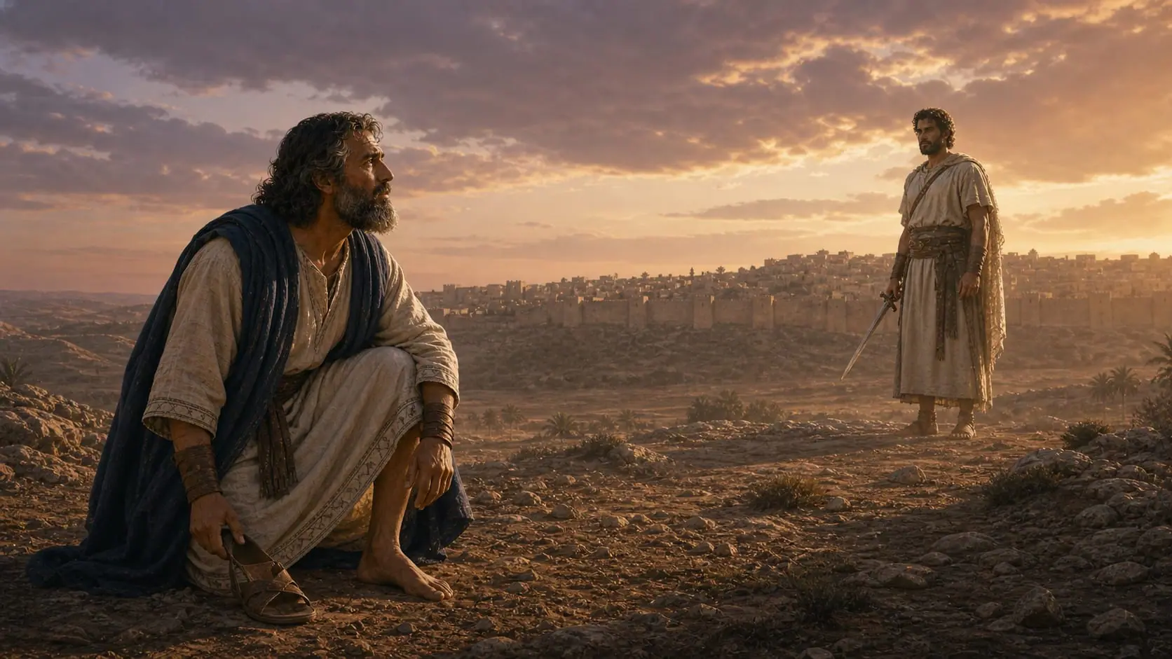 Joshua removes his sandal before the mysterious commander of Yahweh’s army outside Jericho