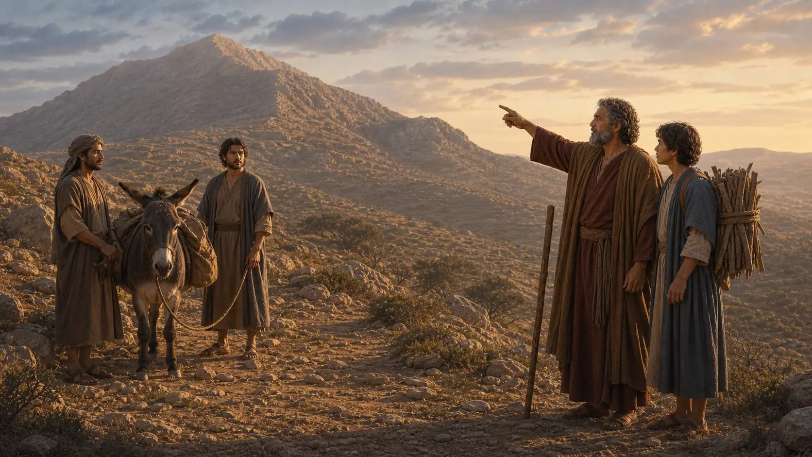 Abraham pointing toward Mount Moriah while Isaac, two servants, and a donkey pause on the journey