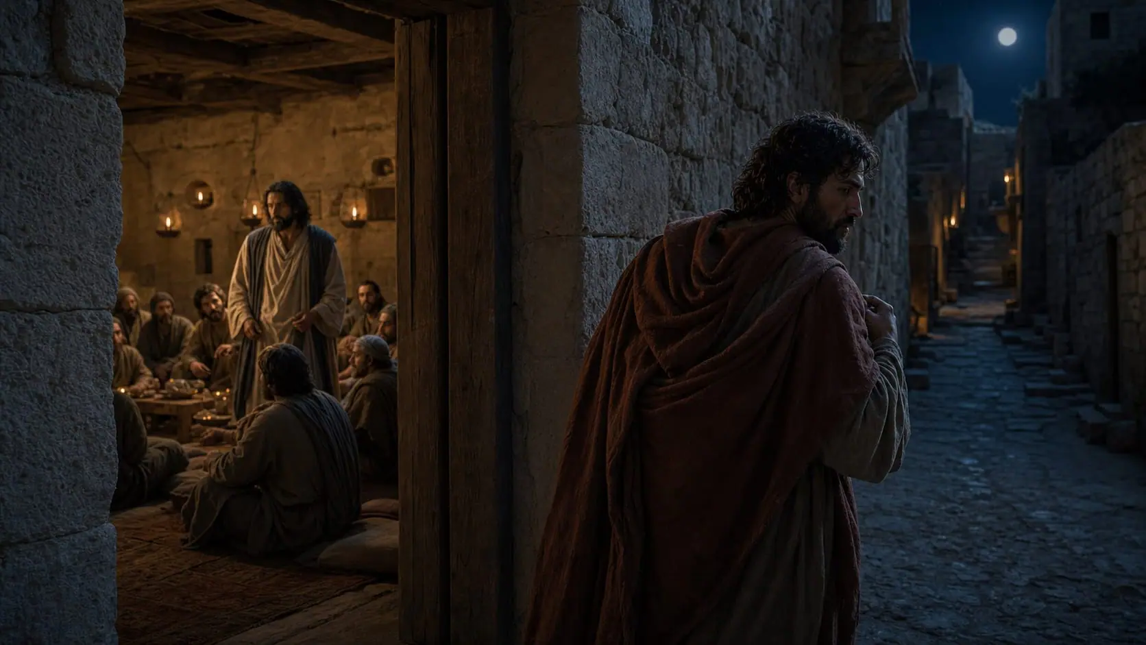 Judas leaves the warm upper room and steps alone into a dark stone street in Jerusalem while Jesus remains inside
