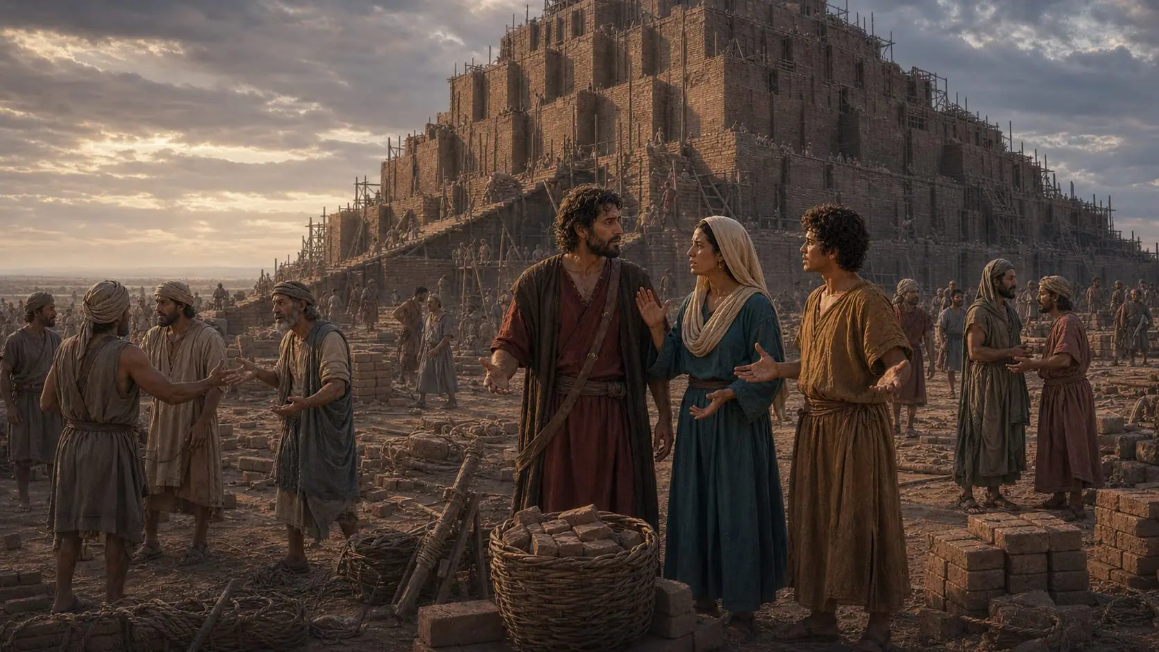 Confused builders gesturing because they can no longer understand one another at Babel