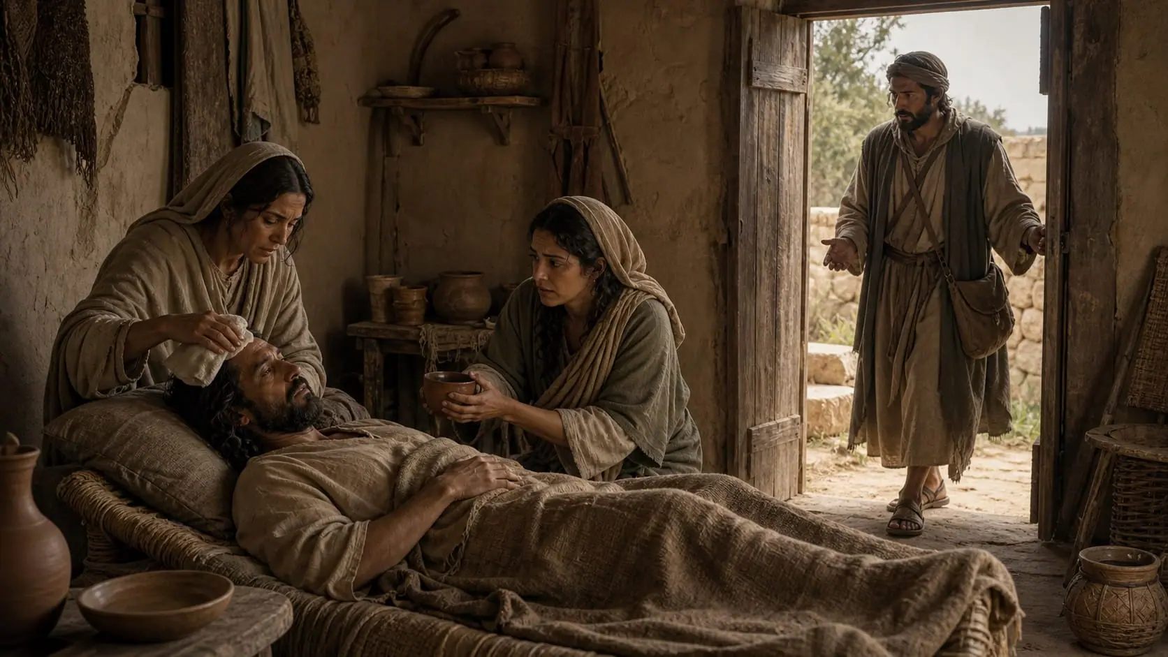 Mary and Martha care for their sick brother Lazarus in Bethany while a messenger prepares to find Jesus