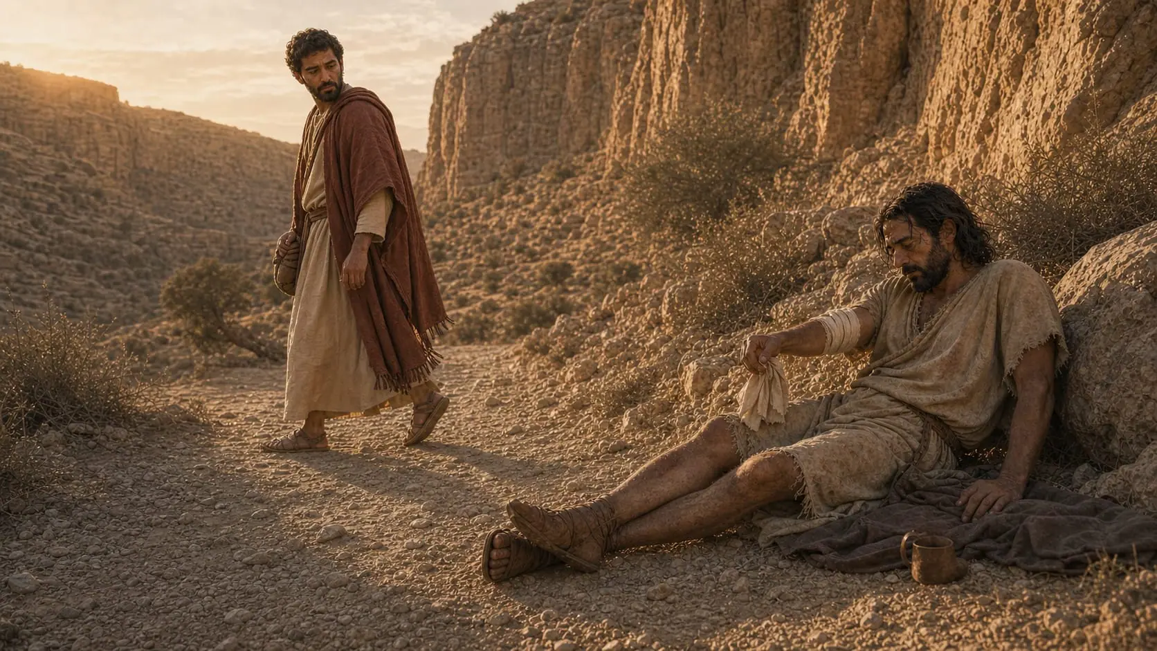 A Levite looks toward the injured traveler but continues along the other side of the road