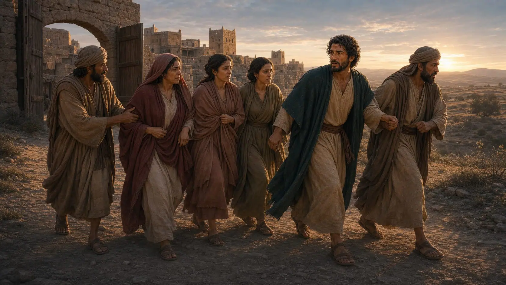 Two angels leading Lot, his wife, and two daughters out of Sodom at dawn