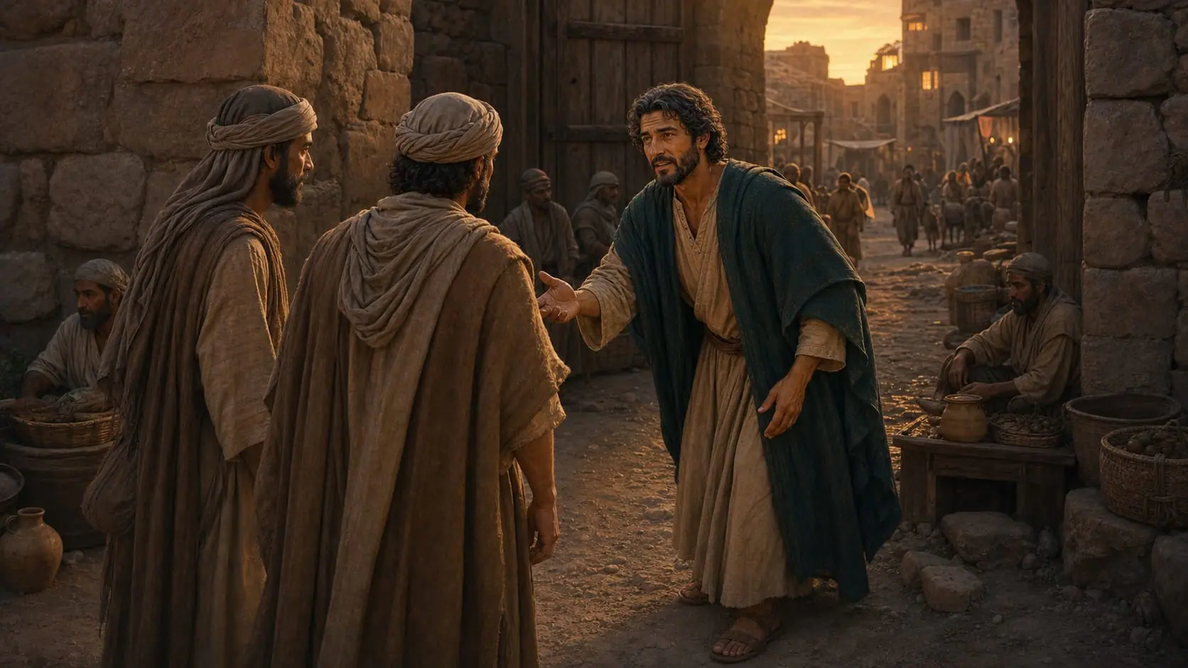 Lot welcoming two angels at the gate of the ancient city of Sodom