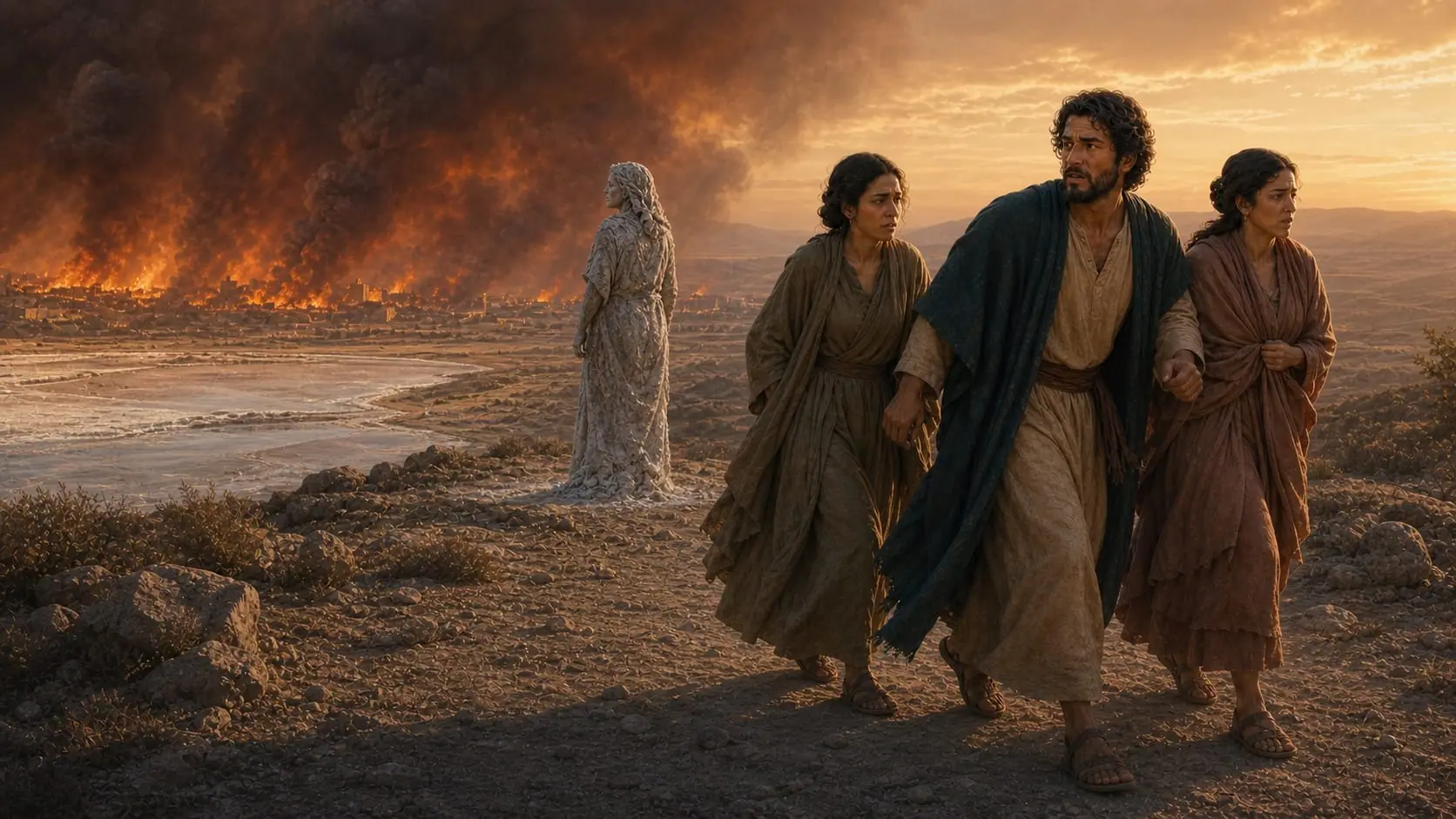 Lot and his two daughters moving away as Lot's wife looks back toward Sodom