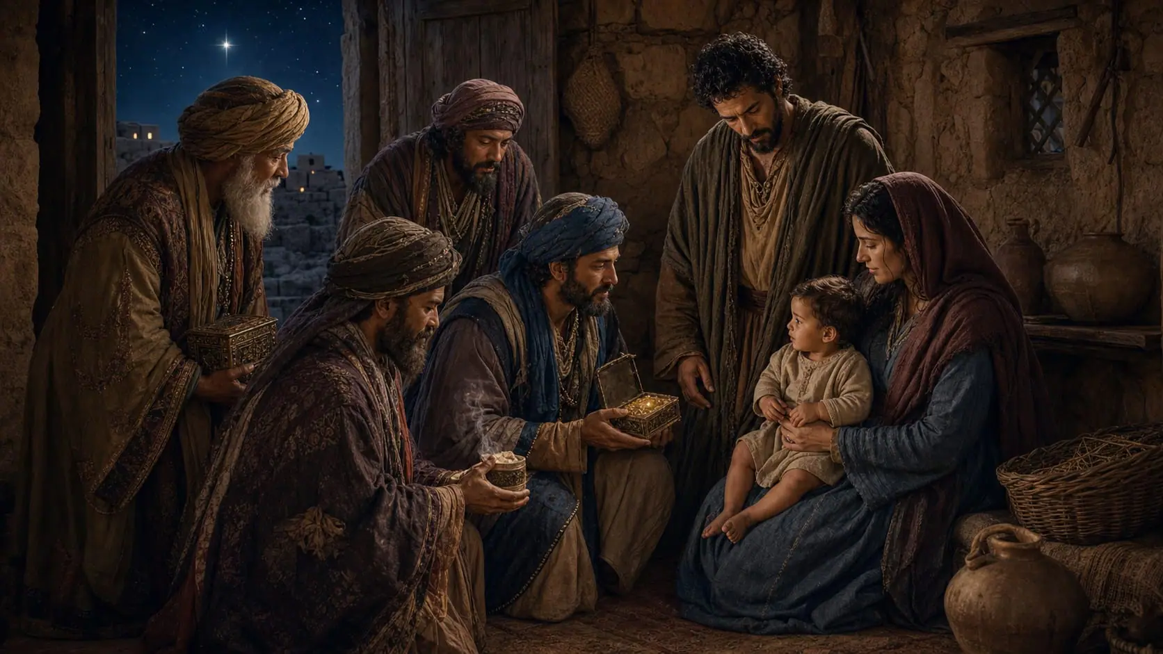 Four eastern magi present gifts to the young Jesus and Mary inside a Bethlehem house beneath the guiding star