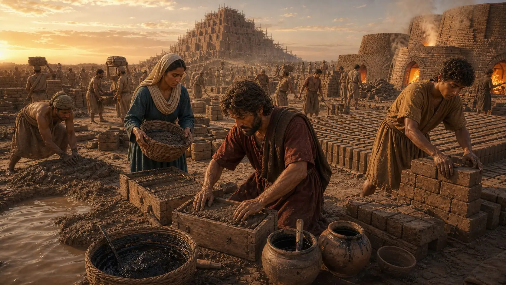 Workers molding and firing bricks and preparing dark tar mortar in Shinar