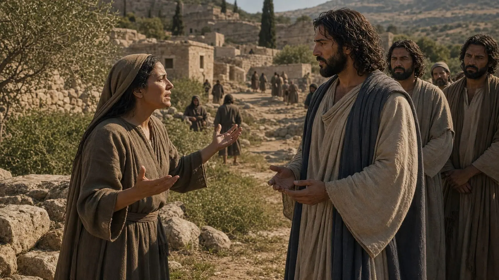 Martha meets Jesus outside Bethany and speaks with him about Lazarus and the resurrection