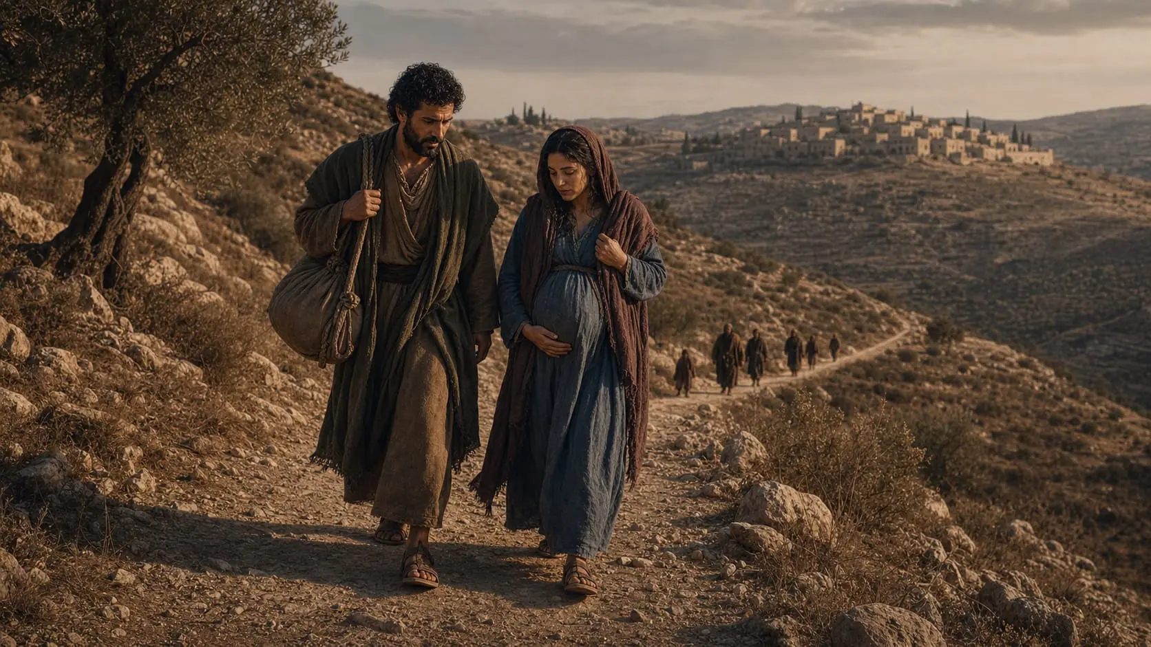 Pregnant Mary and Joseph walk through the Judean hills toward Bethlehem without the traditional unmentioned donkey