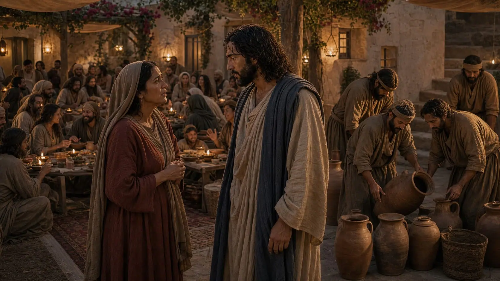 Mary quietly tells Jesus that the wine has run out while concerned servants check empty vessels at the Cana wedding