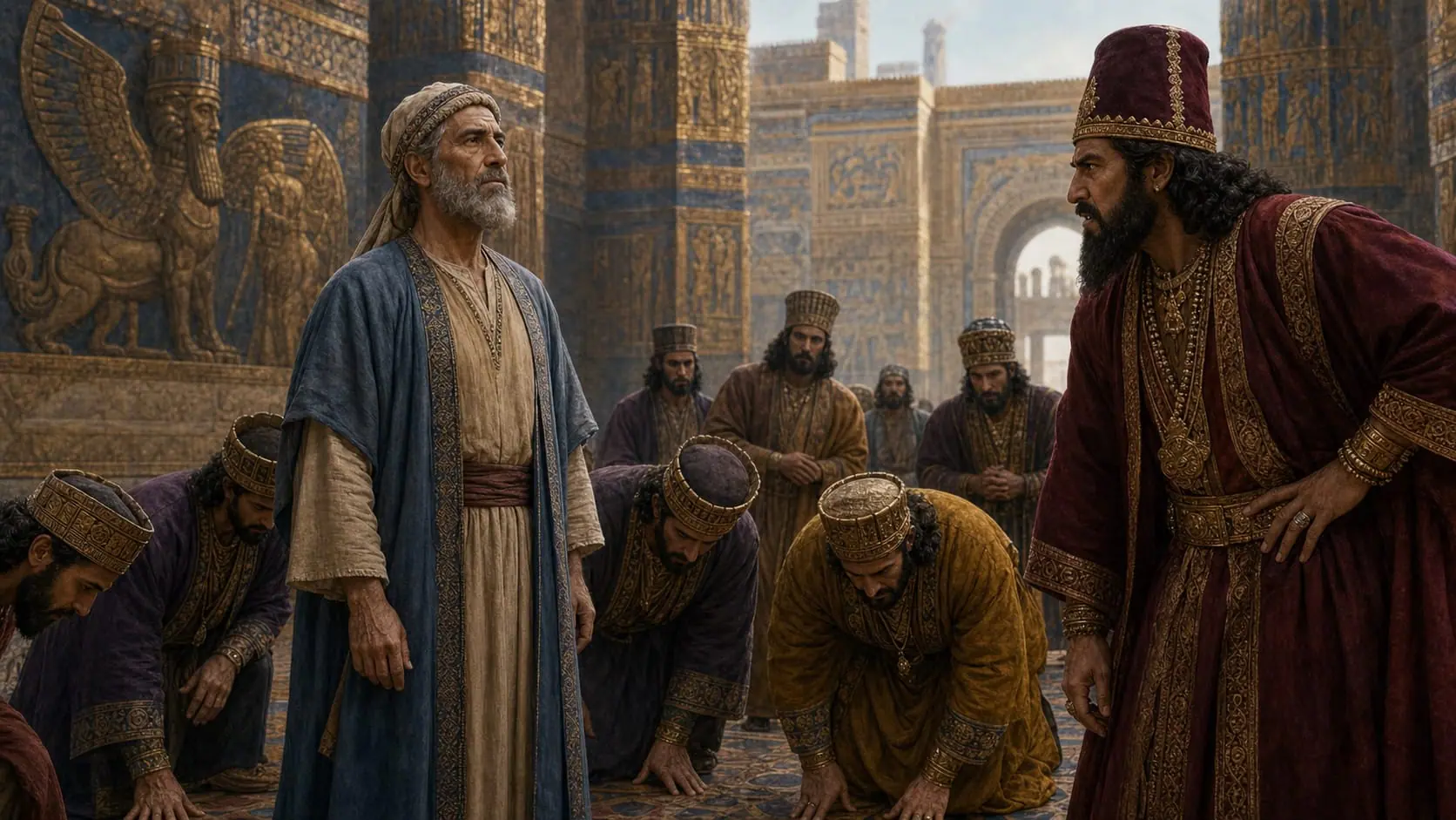 Mordecai stands upright at the palace gate while other officials bow and Haman confronts him