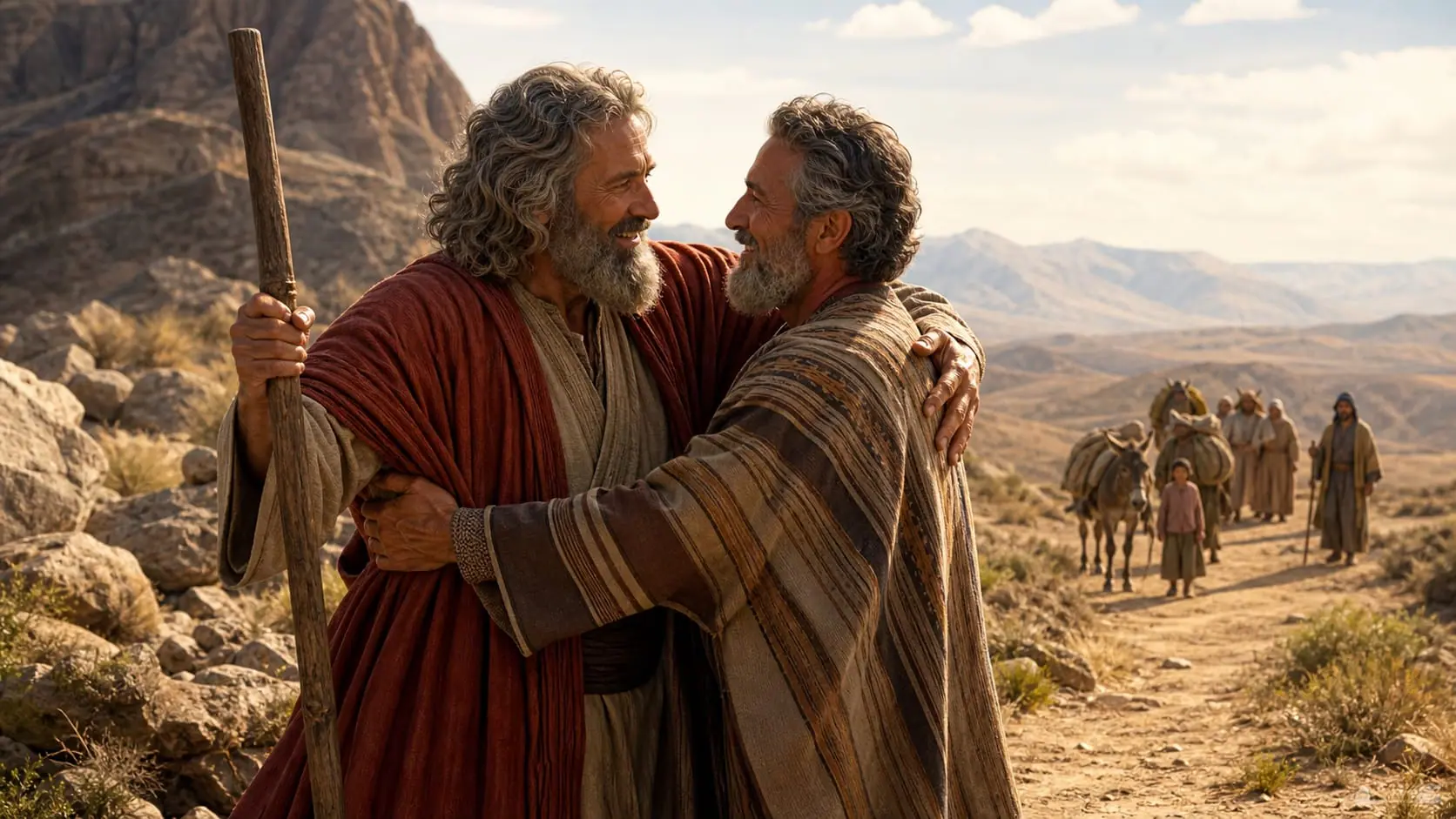 Moses and Aaron embrace at the mountain of God before returning together to Egypt