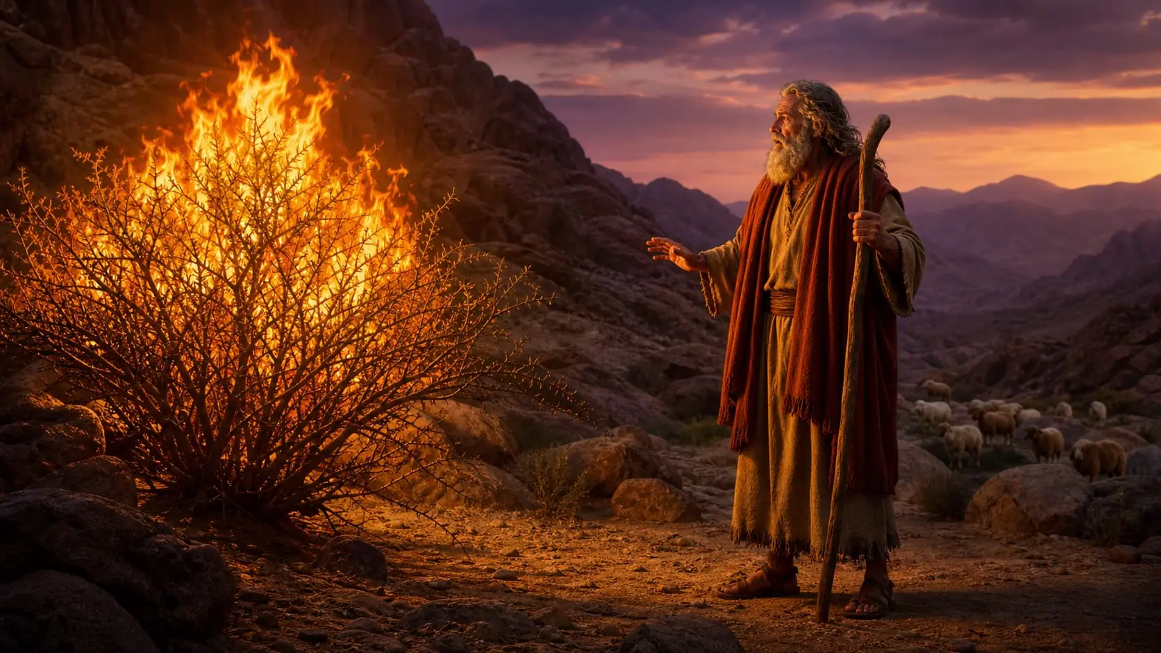 Moses approaches a thorn bush that burns without being consumed while tending sheep near Horeb