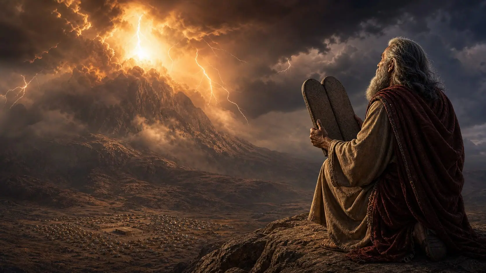 Moses holds two stone tablets on Mount Sinai above the Israelite camp during a storm