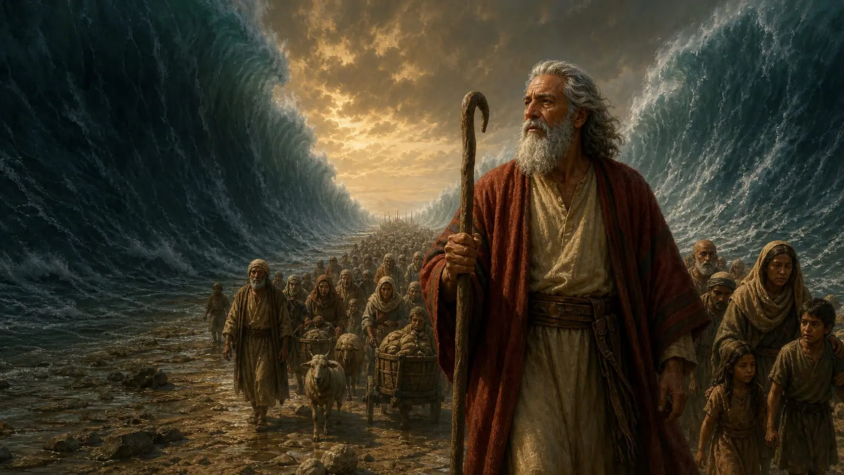 Representational scene of Moses leading Israel through the divided sea