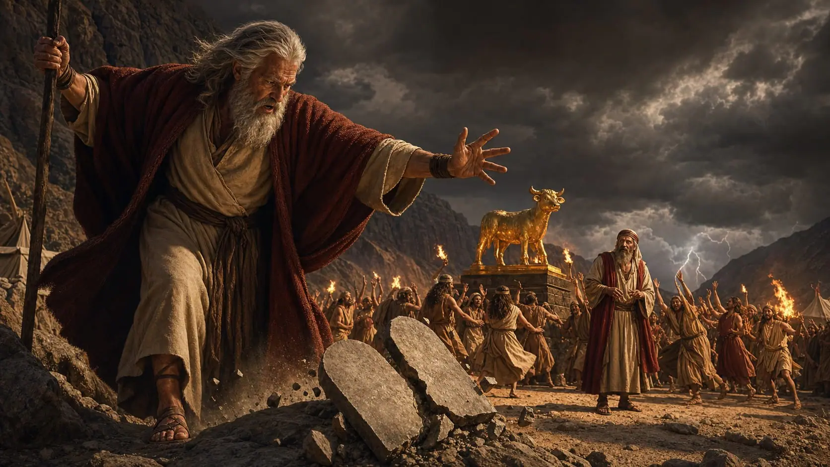 Moses breaks the first stone tablets after seeing Israel worship the golden calf at Sinai