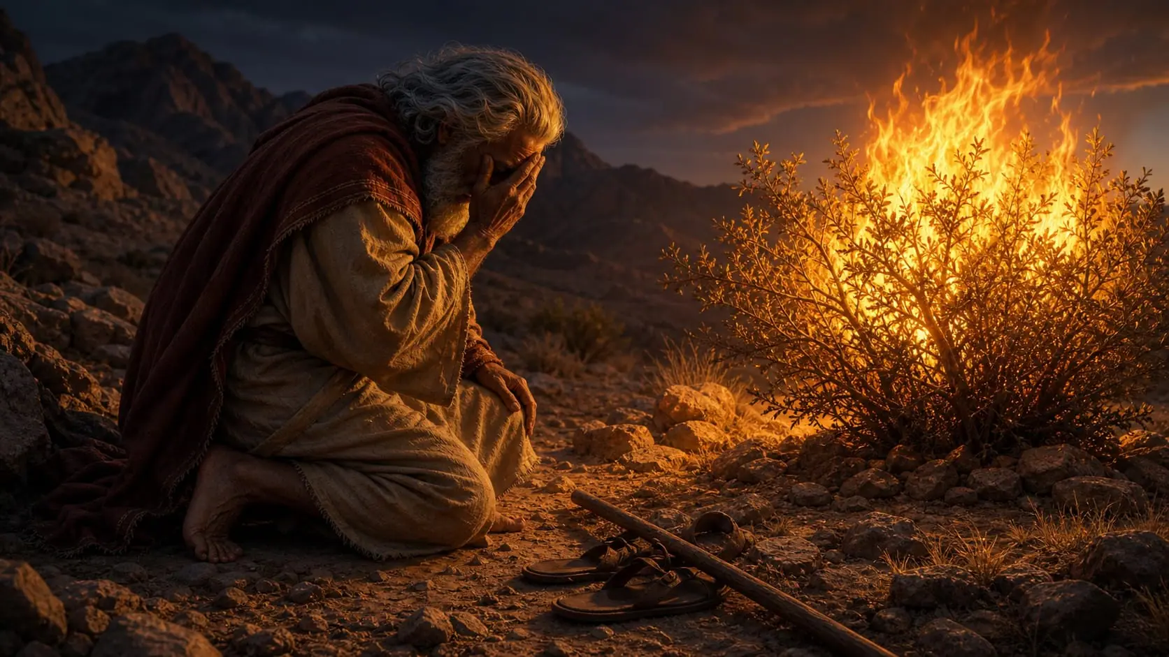 Moses kneels barefoot and covers his face before the burning bush on holy ground at Horeb