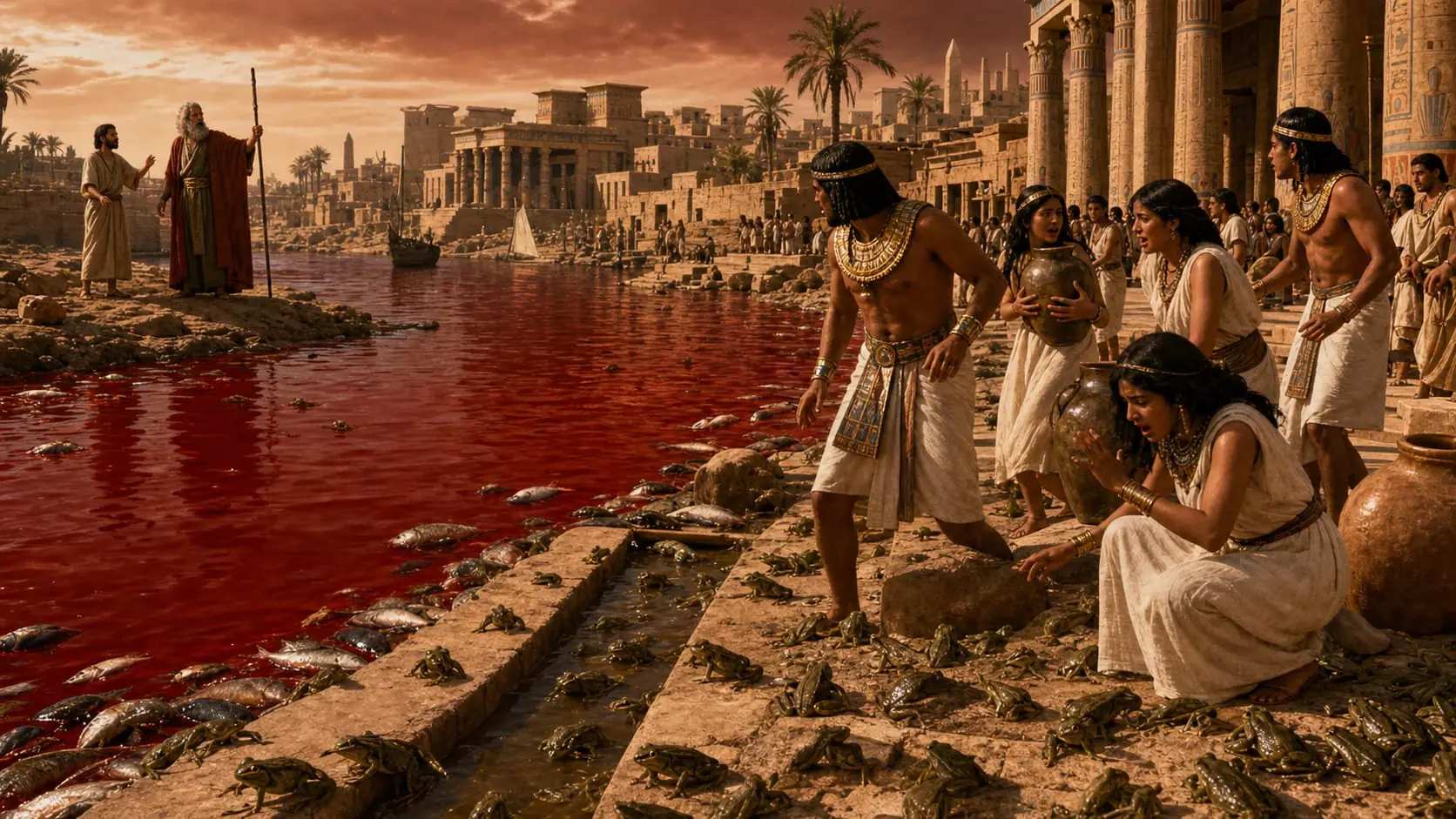 The Nile turns to blood and frogs spread along the Egyptian riverbank as Moses and Aaron stand nearby