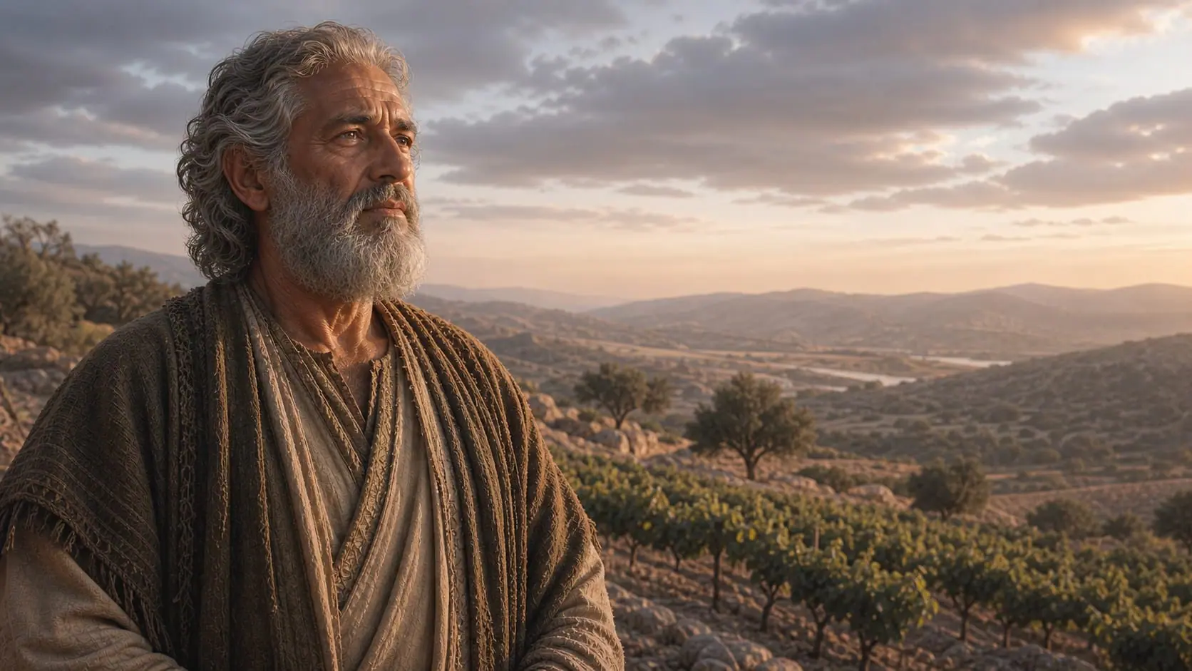 Illustrated portrait of Noah overlooking a cultivated early highland landscape after rain