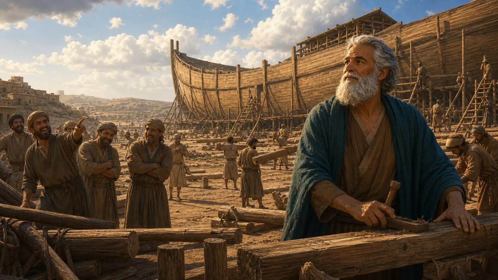Skeptical onlookers laughing while Noah continues working on the ark