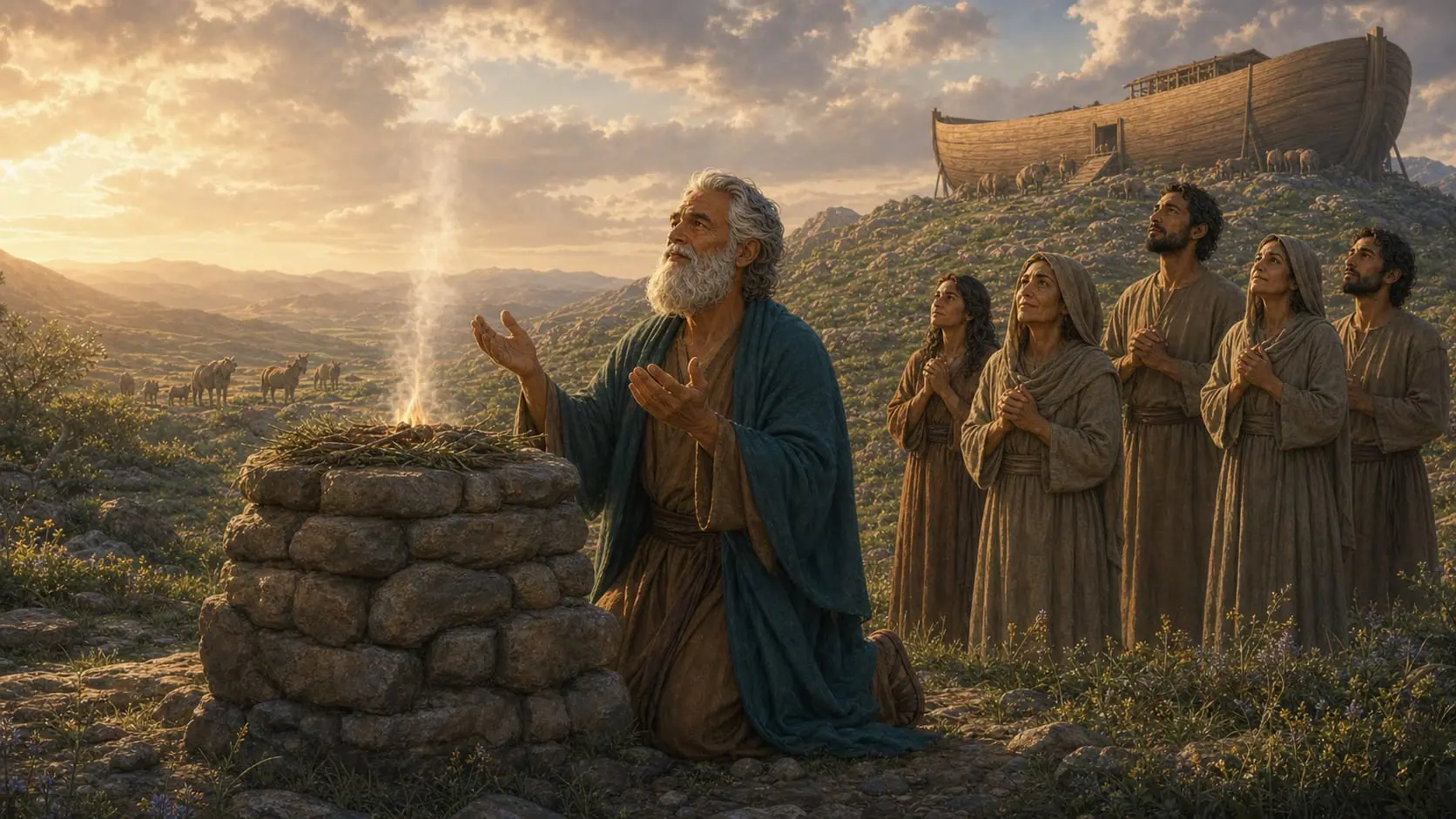 Noah kneeling beside a stone altar as his family gives thanks after the flood
