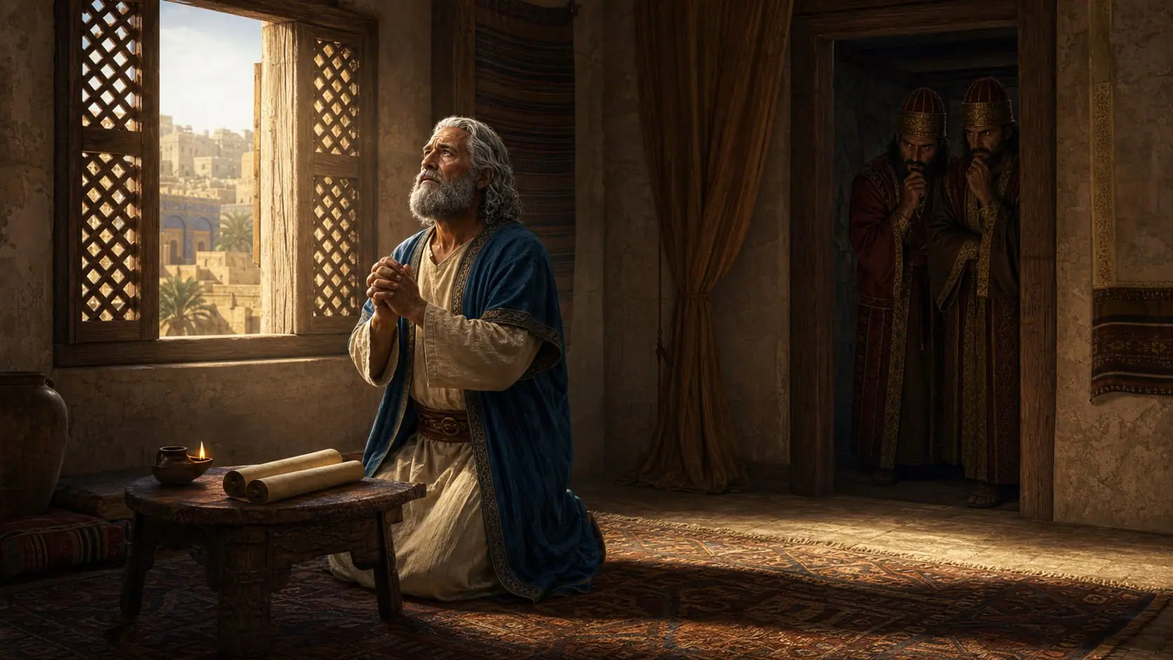 Daniel prays beside an open window toward Jerusalem while two Persian officials secretly watch