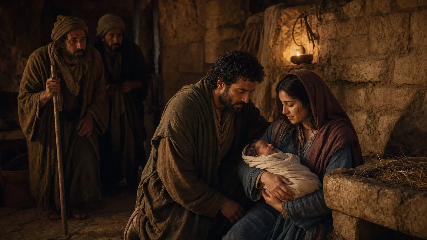 Ilustração de Maria e José junto a Jesus recém-nascido na manjedoura, enquanto pastores chegam em Belém