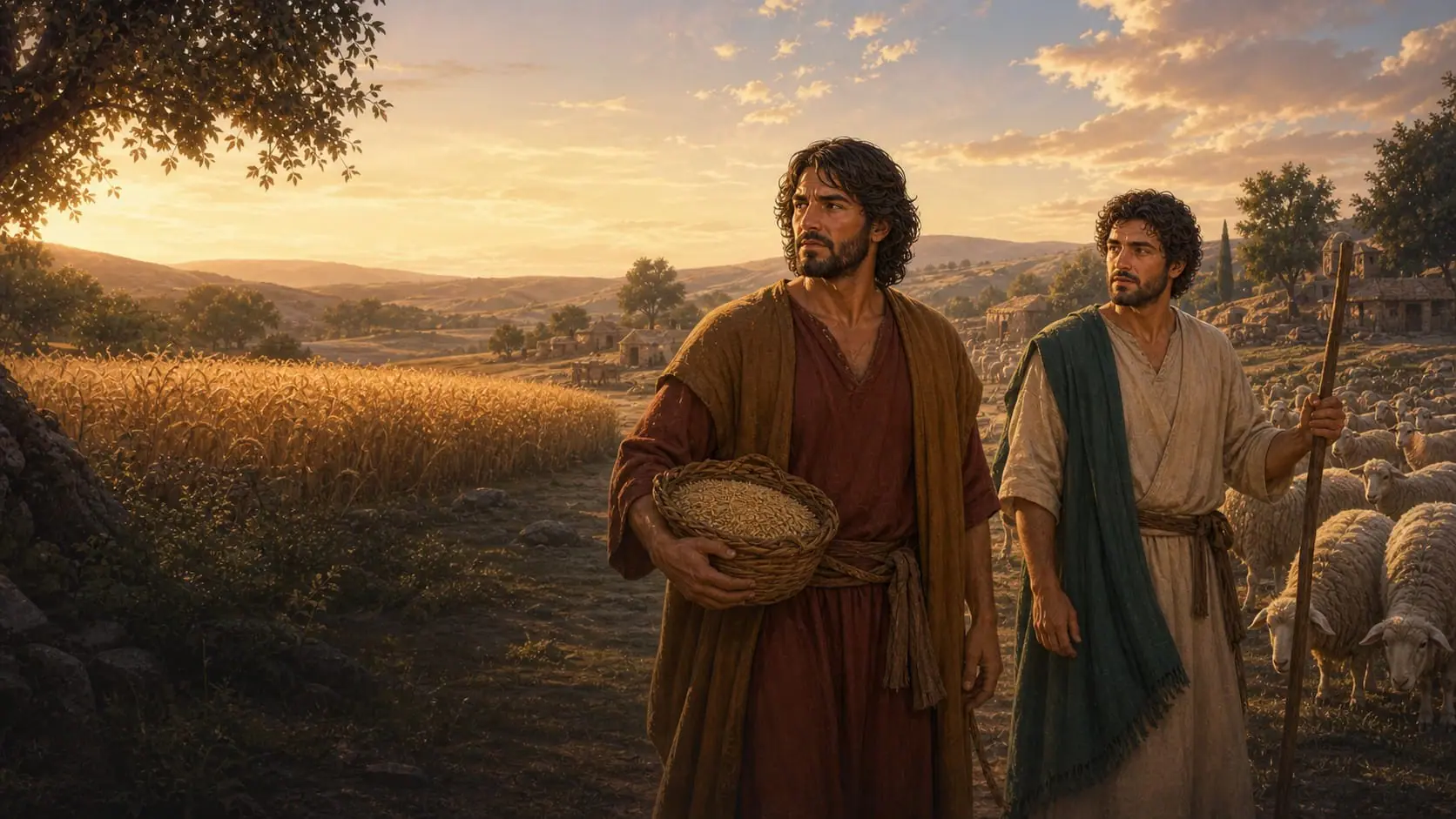 Cena da história bíblica de Caim e Abel com a plantação de Caim e as ovelhas de Abel no campo