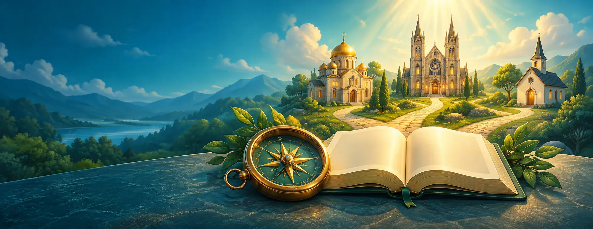 An illustrated Bible and compass beside a path linking church buildings