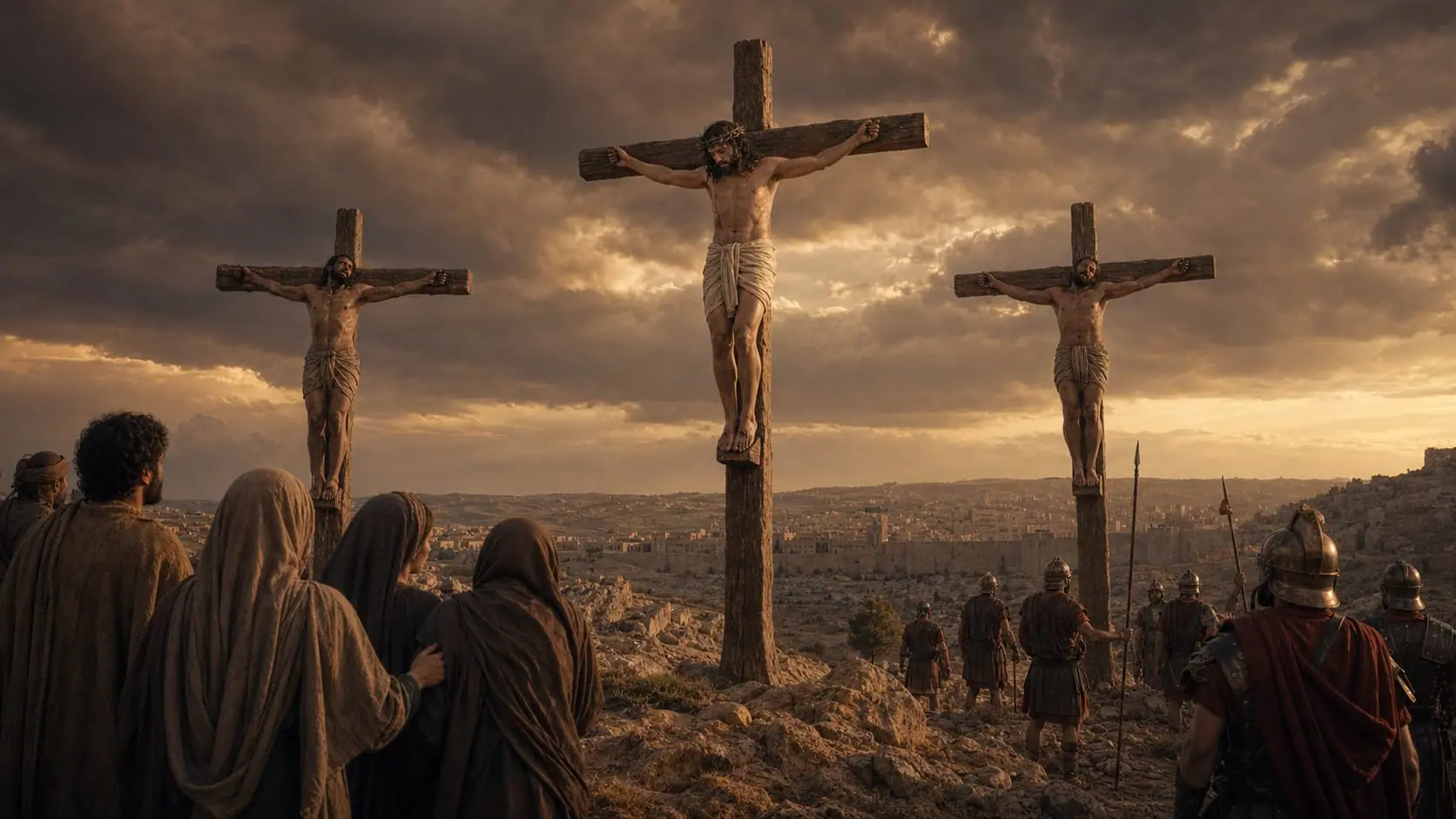 Ilustração de Jesus na cruz central entre dois criminosos no Gólgota, diante de seguidores e soldados romanos