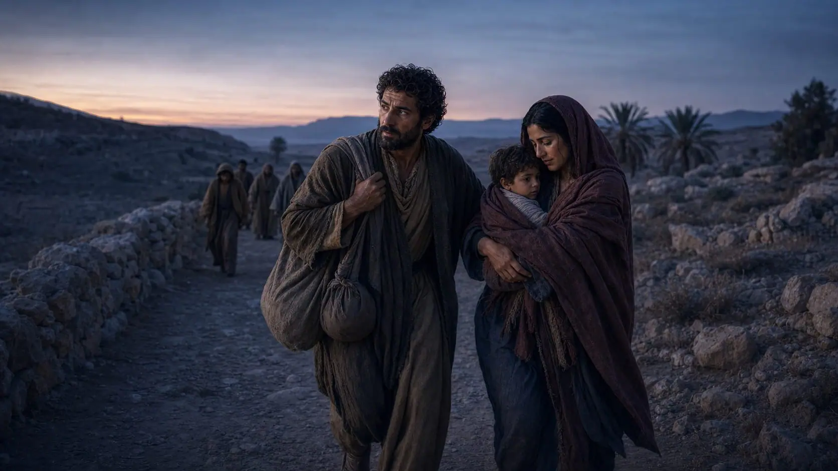 José conduz Maria e o menino Jesus a pé por uma paisagem desértica durante a fuga para o Egito