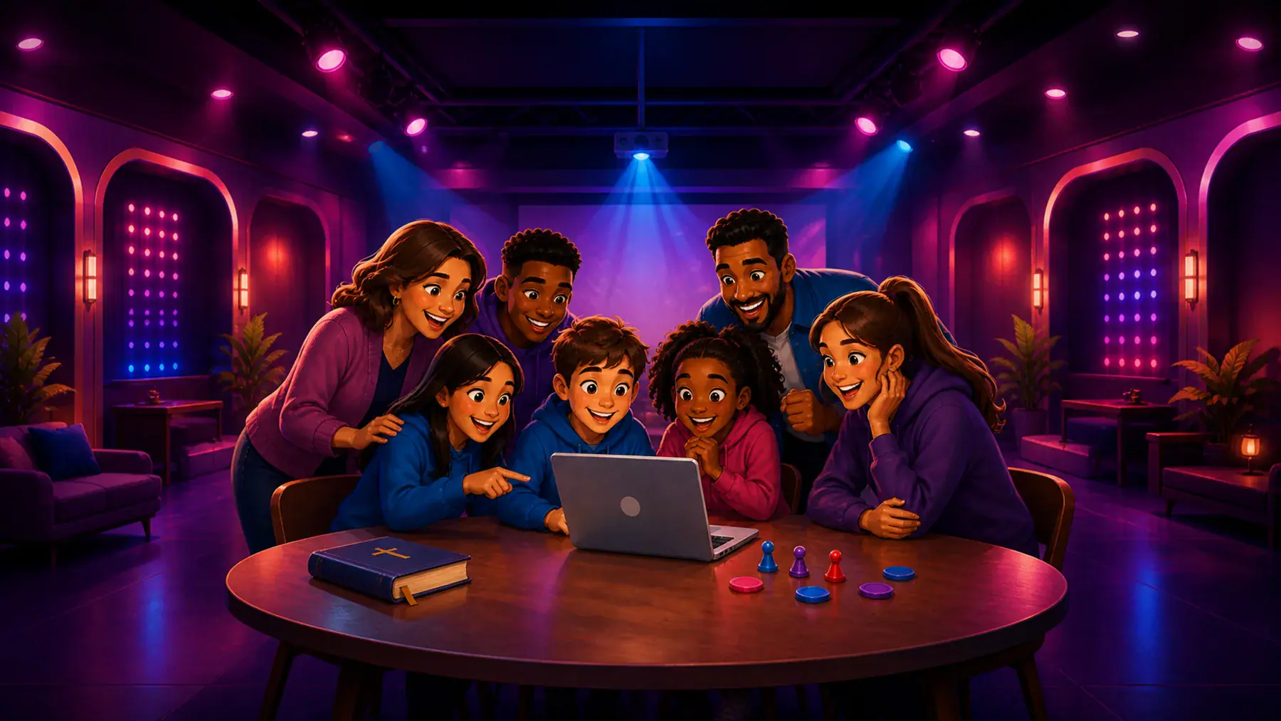 A church group of adults, teenagers, and children playing a Bible game together