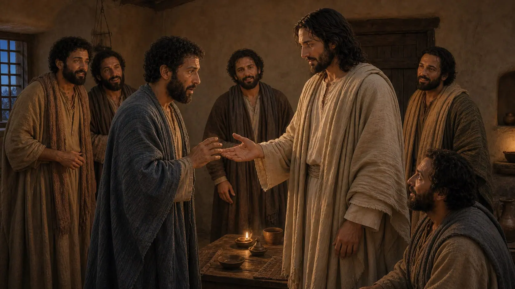 Tomé vê Jesus ressuscitado oferecer a mão marcada, enquanto outros discípulos observam