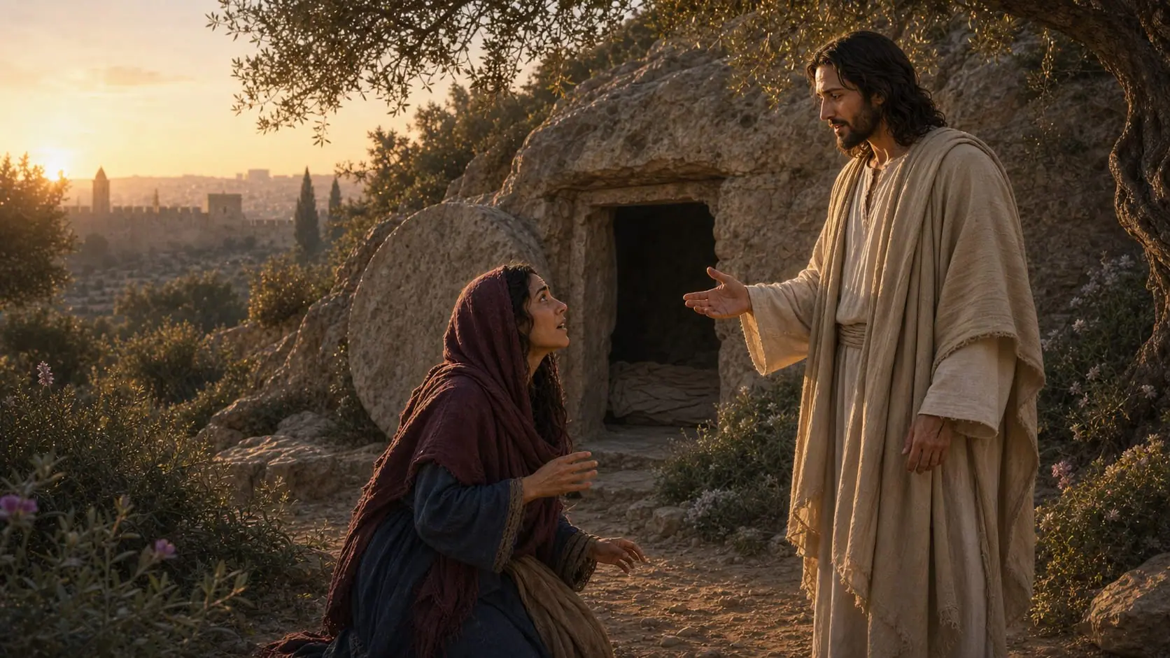 Maria Madalena reconhece Jesus ressuscitado quando ele a chama pelo nome perto do túmulo vazio