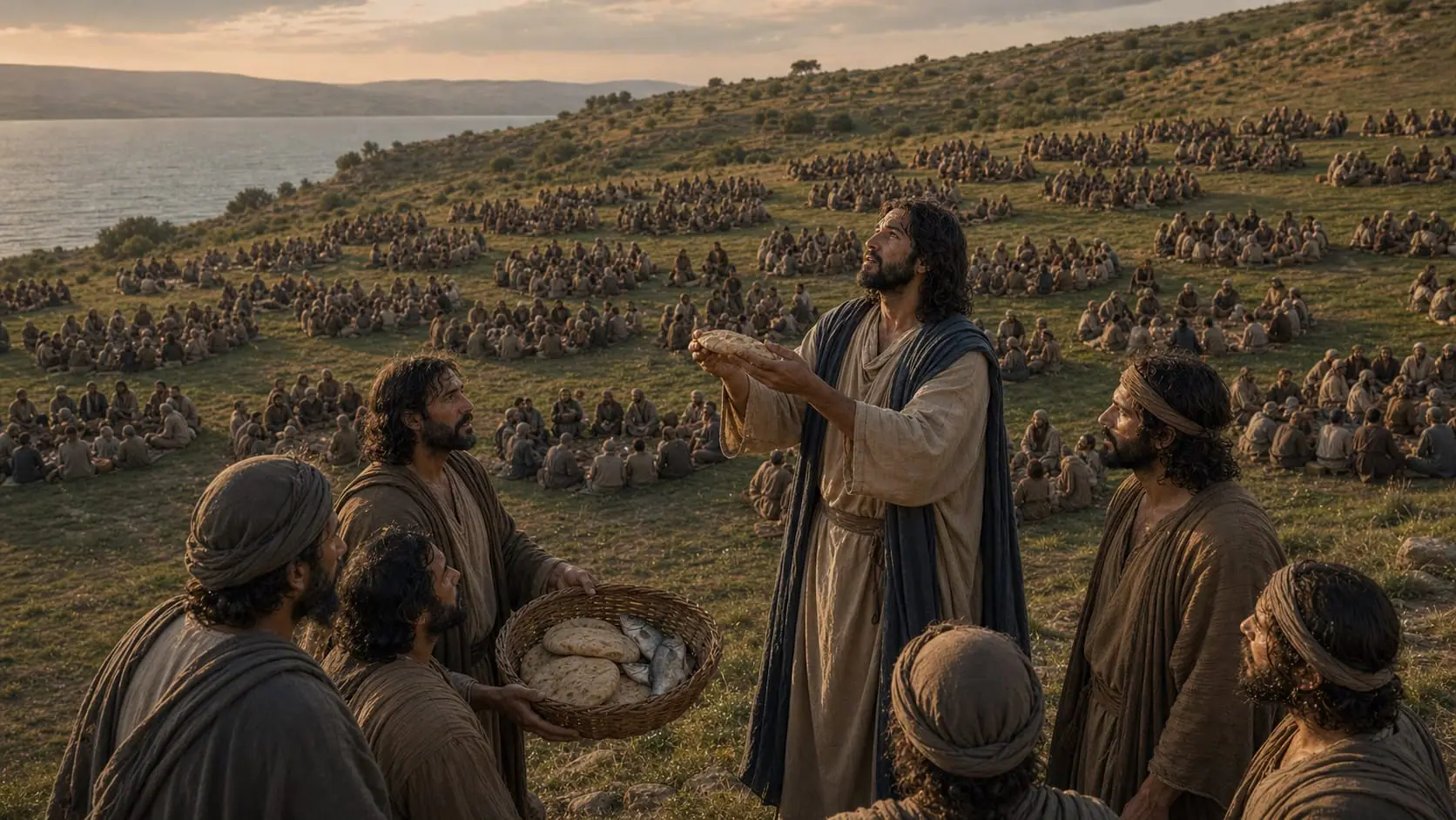 Ilustração de Jesus olhando para o céu e abençoando o pão enquanto a multidão está sentada em grupos sobre a relva
