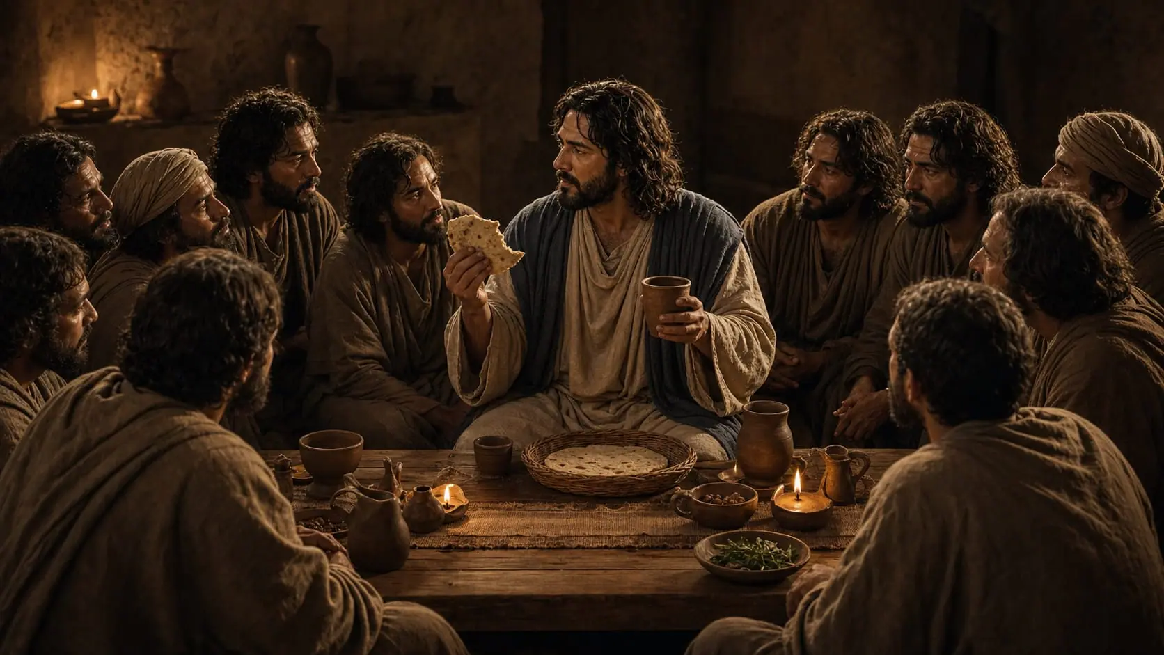 Ilustração de Jesus segurando pão partido e um cálice de cerâmica enquanto ensina os discípulos na última ceia