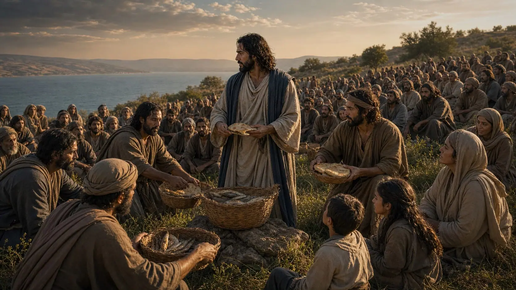 Ilustração de Jesus alimentando uma grande multidão
