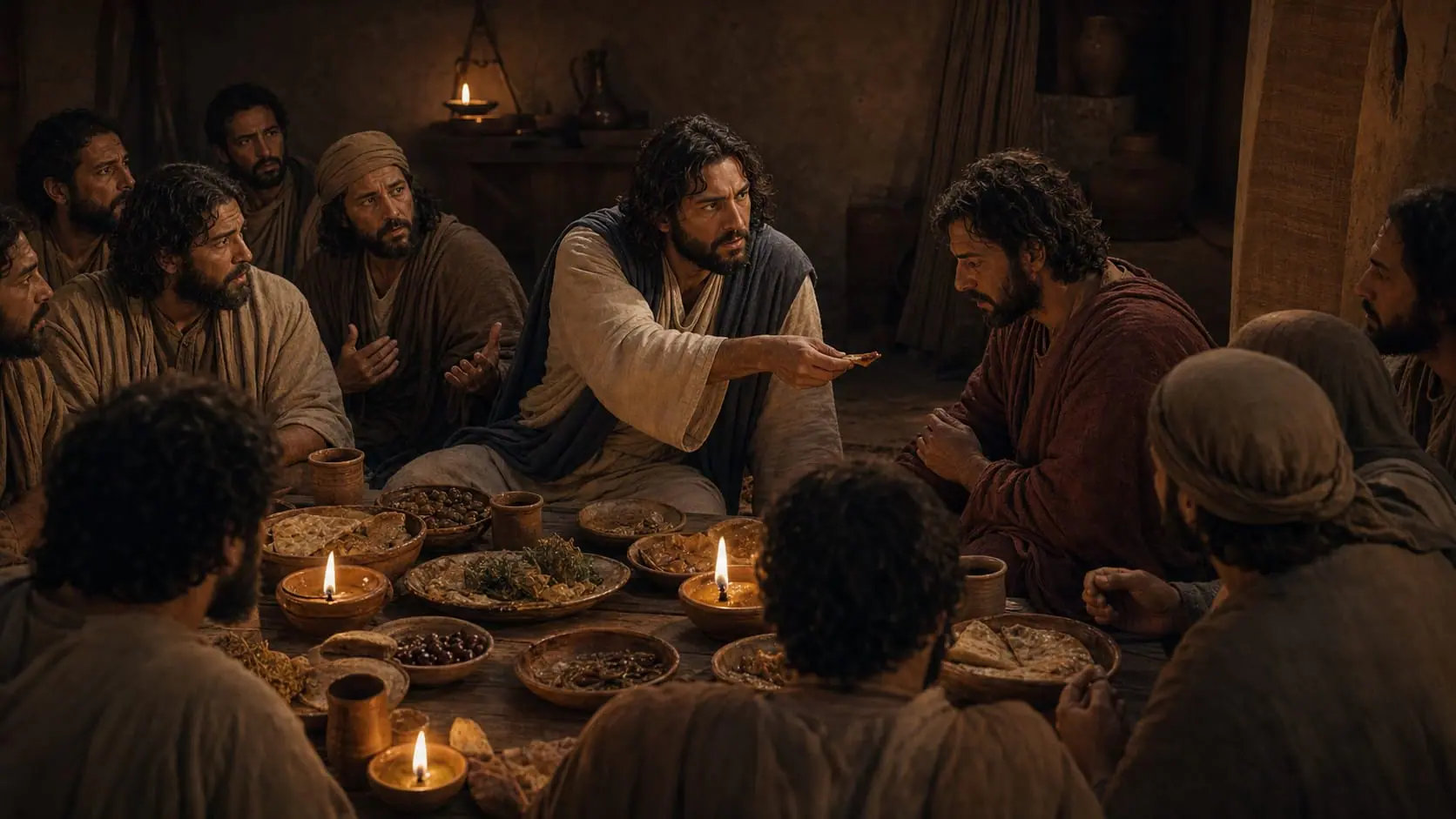 Ilustração de Jesus oferecendo um pedaço de pão molhado a Judas enquanto os discípulos reagem ao anúncio da traição
