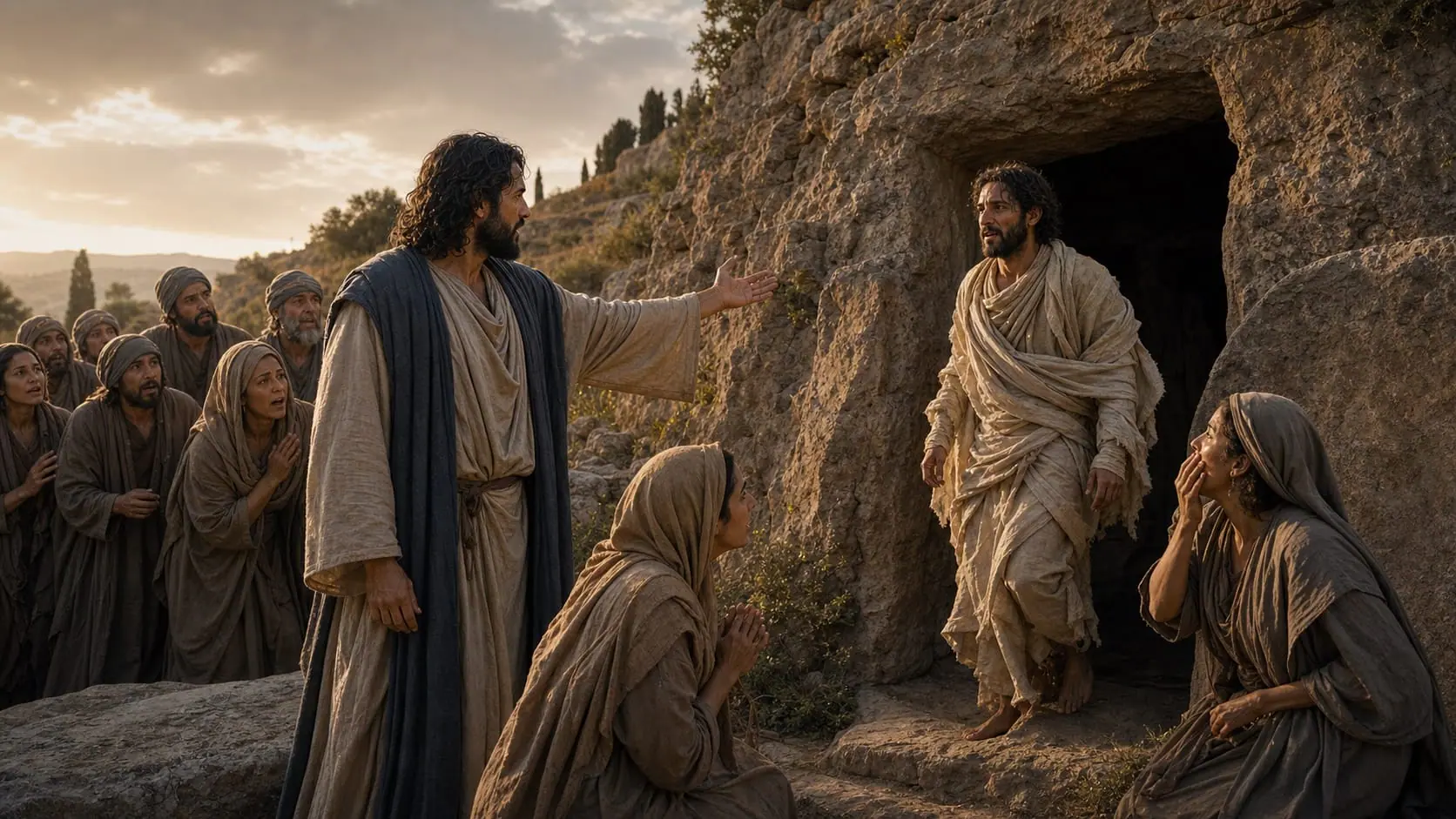 Ilustração de Jesus chamando Lázaro para fora de um túmulo na rocha, enquanto Marta, Maria, discípulos e outras pessoas observam
