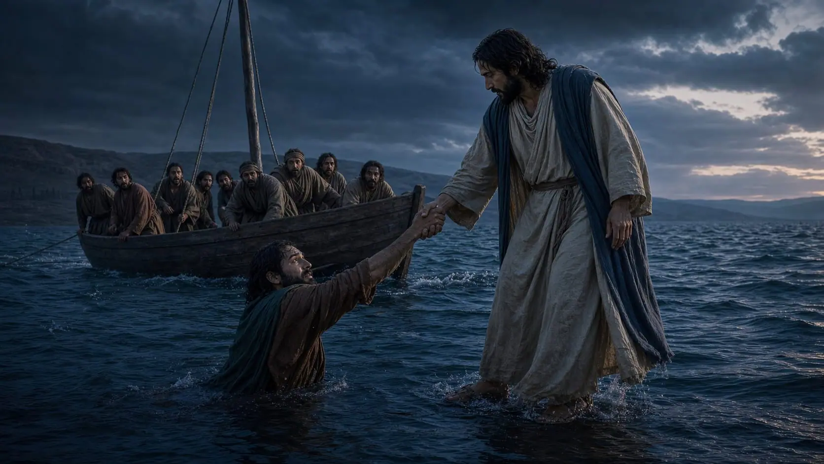 Ilustração de Jesus estendendo a mão para socorrer Pedro no mar da Galileia, sob o olhar dos discípulos no barco