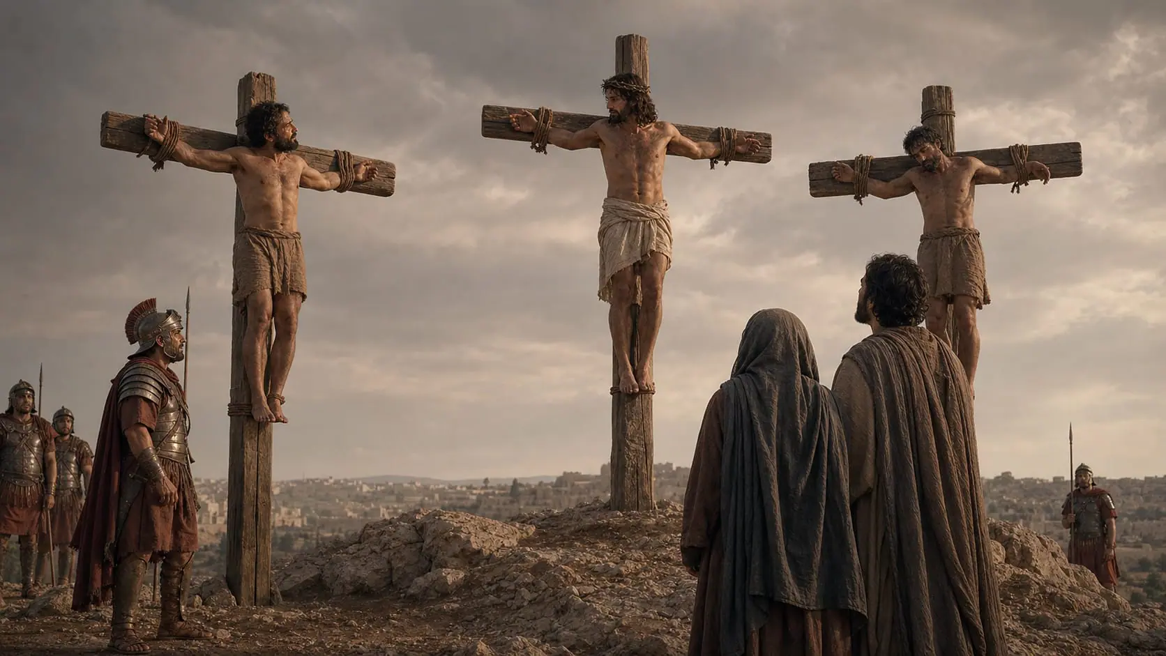Ilustração de Jesus falando da cruz central a um criminoso, diante de Maria, do discípulo amado e de soldados romanos