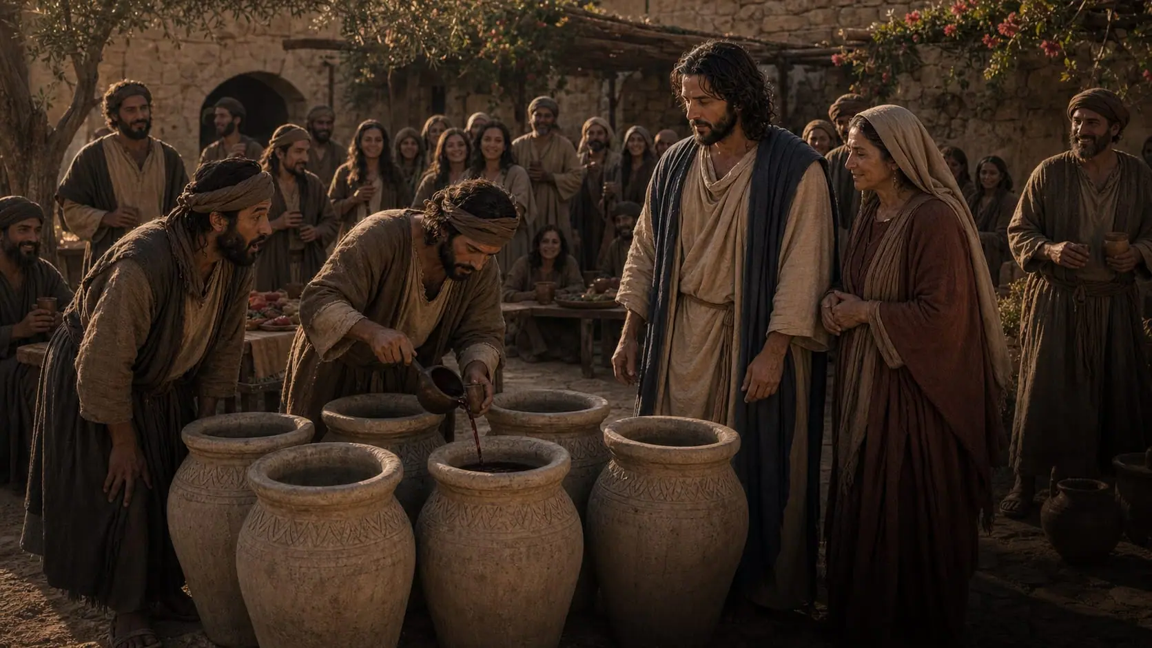 Ilustração de Jesus ao lado de seis talhas de pedra enquanto um servente descobre o vinho nas bodas de Caná