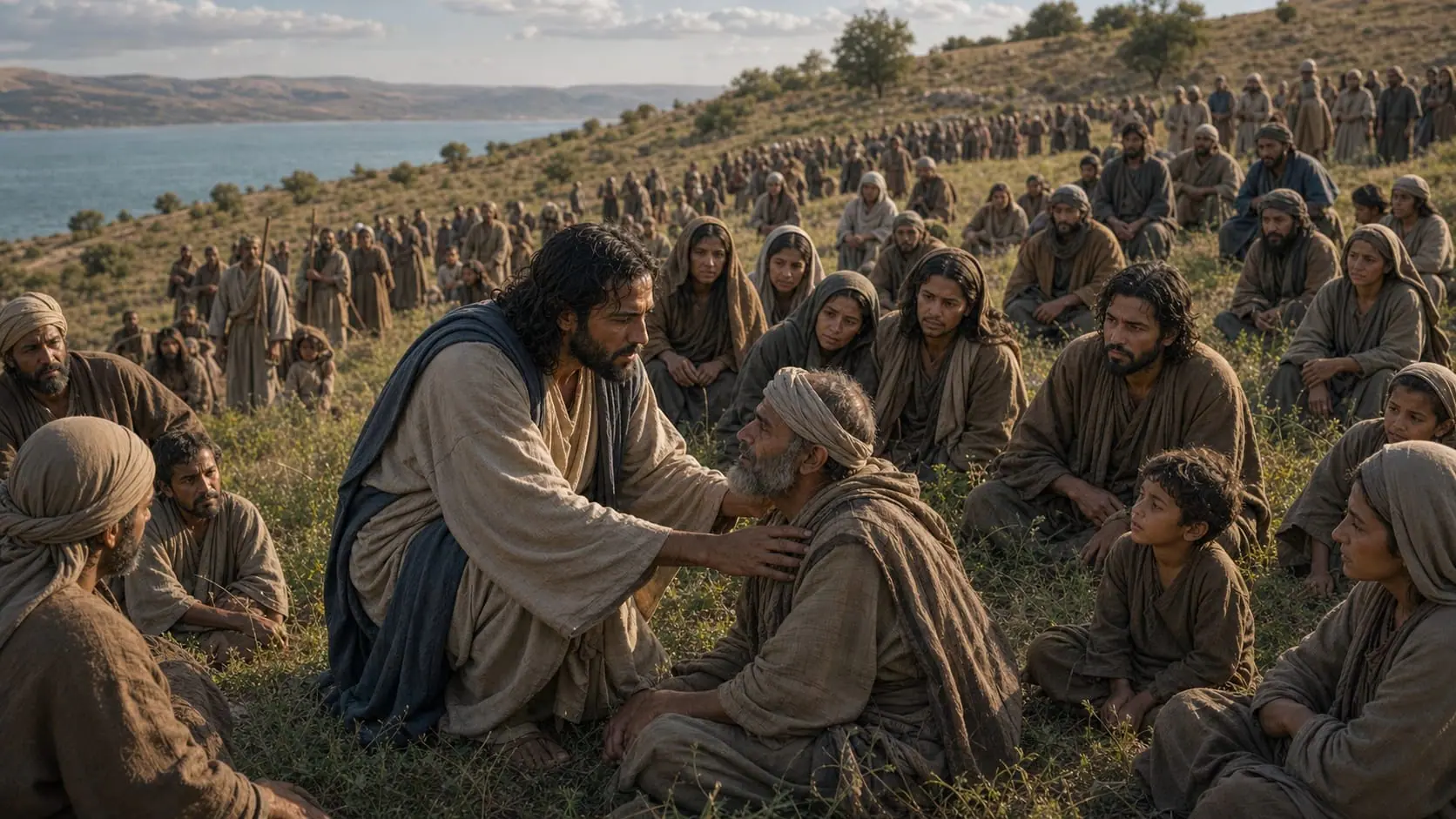 Ilustração de Jesus cuidando de um homem idoso enquanto famílias se reúnem numa encosta próxima ao mar da Galileia