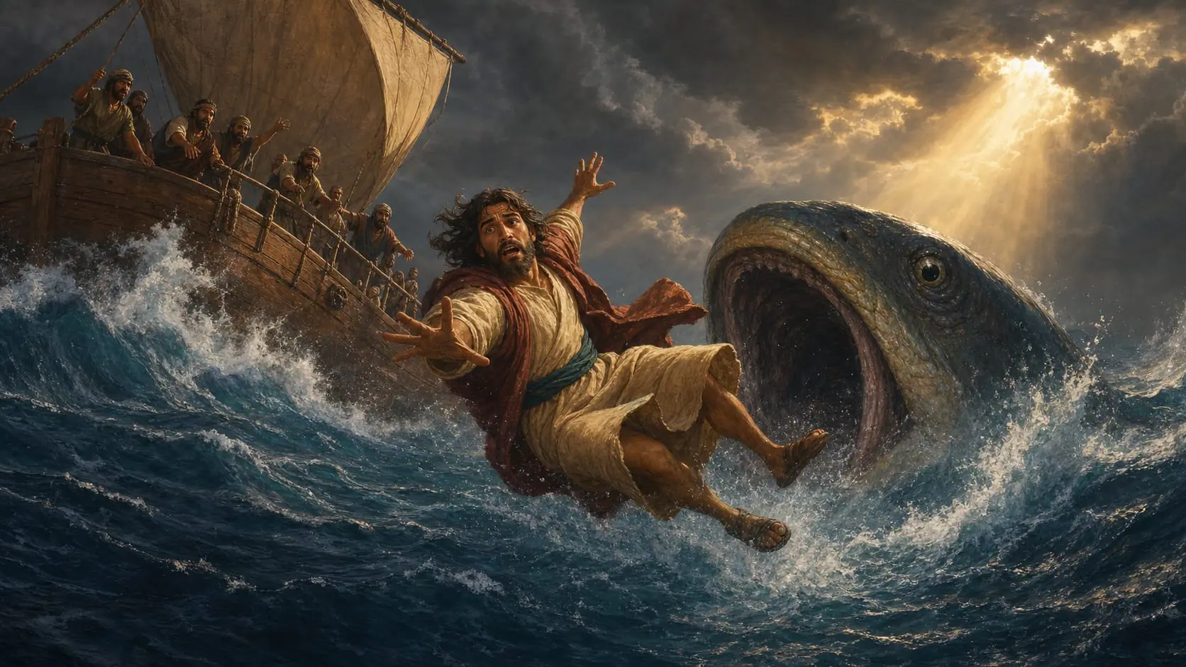 Ilustração de Jonas, dos marinheiros e do grande peixe durante a tempestade no mar