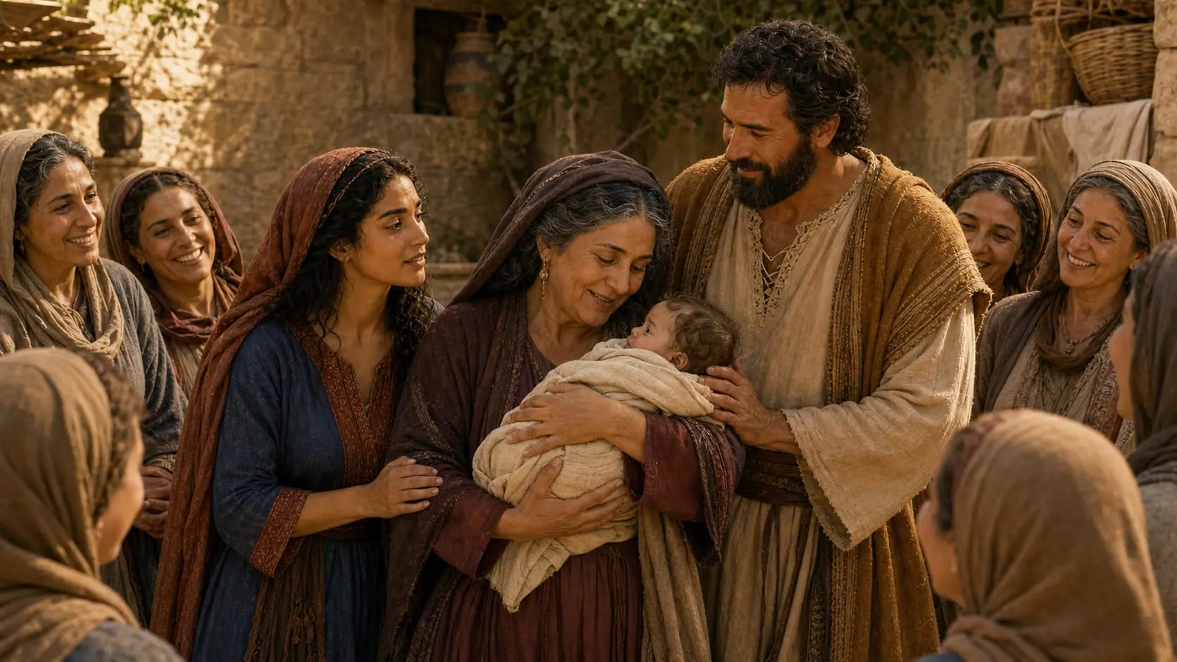 Noemi segura o bebê Obede, cercada por Rute, Boaz e mulheres de Belém em celebração