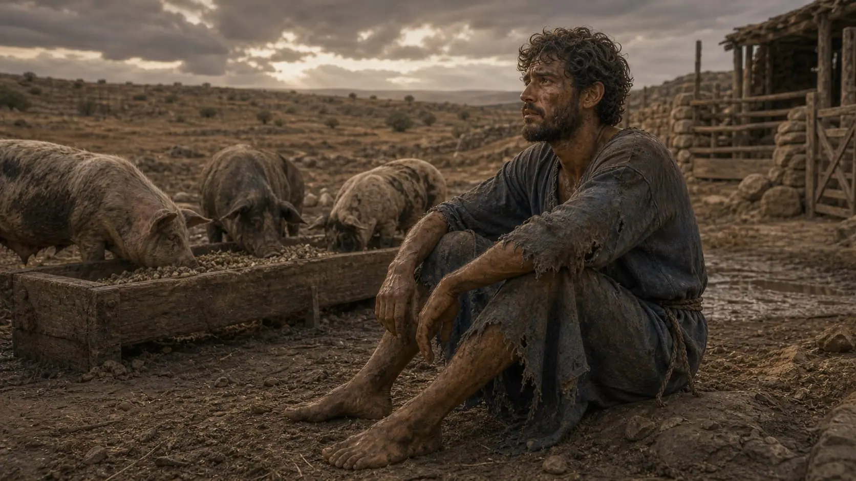 O filho mais novo, com fome, está junto a um cercado de porcos e decide voltar para o pai