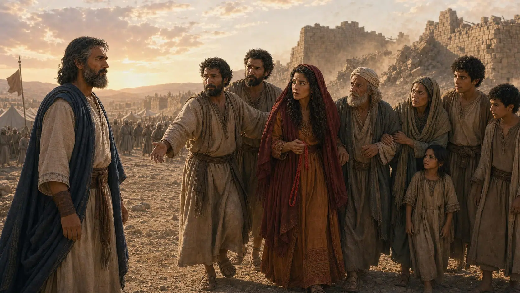 Os dois espias conduzem Raabe e sua família para fora de Jericó, em uma ilustração do resgate junto aos israelitas