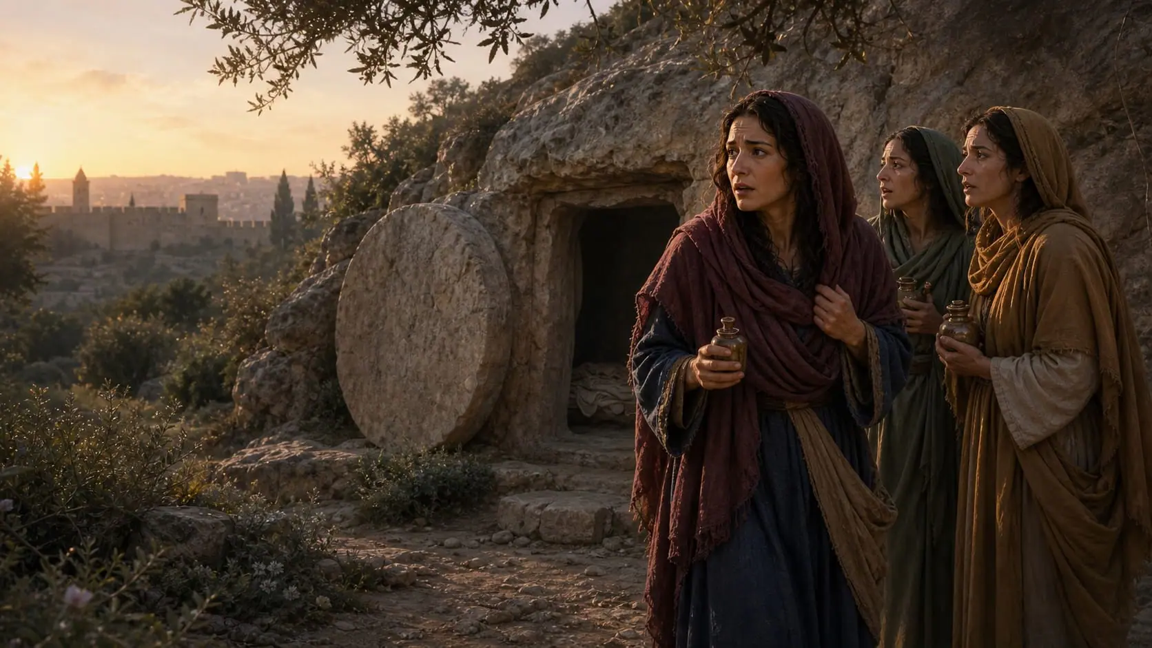 Ilustração de Maria Madalena e outras mulheres diante do túmulo aberto e vazio de Jesus ao amanhecer