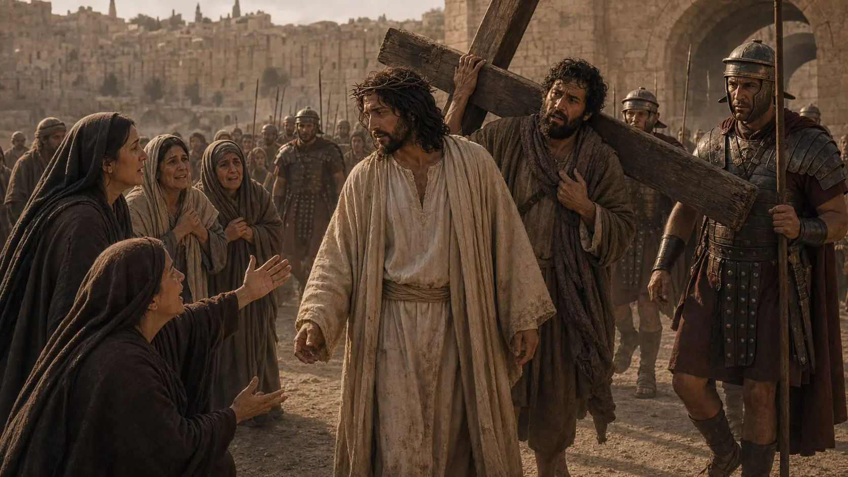 Ilustração de Simão de Cirene carregando a cruz atrás de Jesus, enquanto mulheres choram e soldados romanos os escoltam para fora de Jerusalém